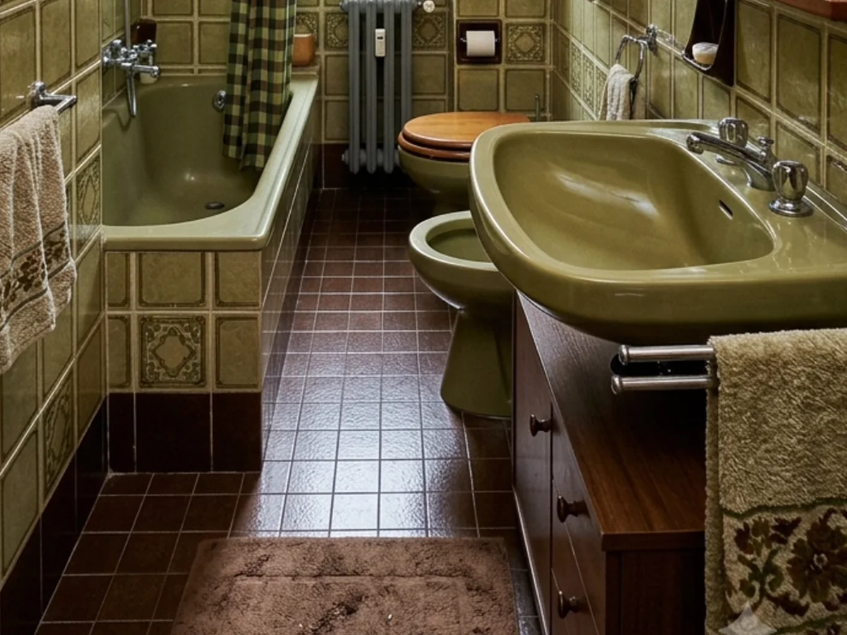 Bagno anni Settanta con piastrelle e sanitari verdi, prima dell'intervento