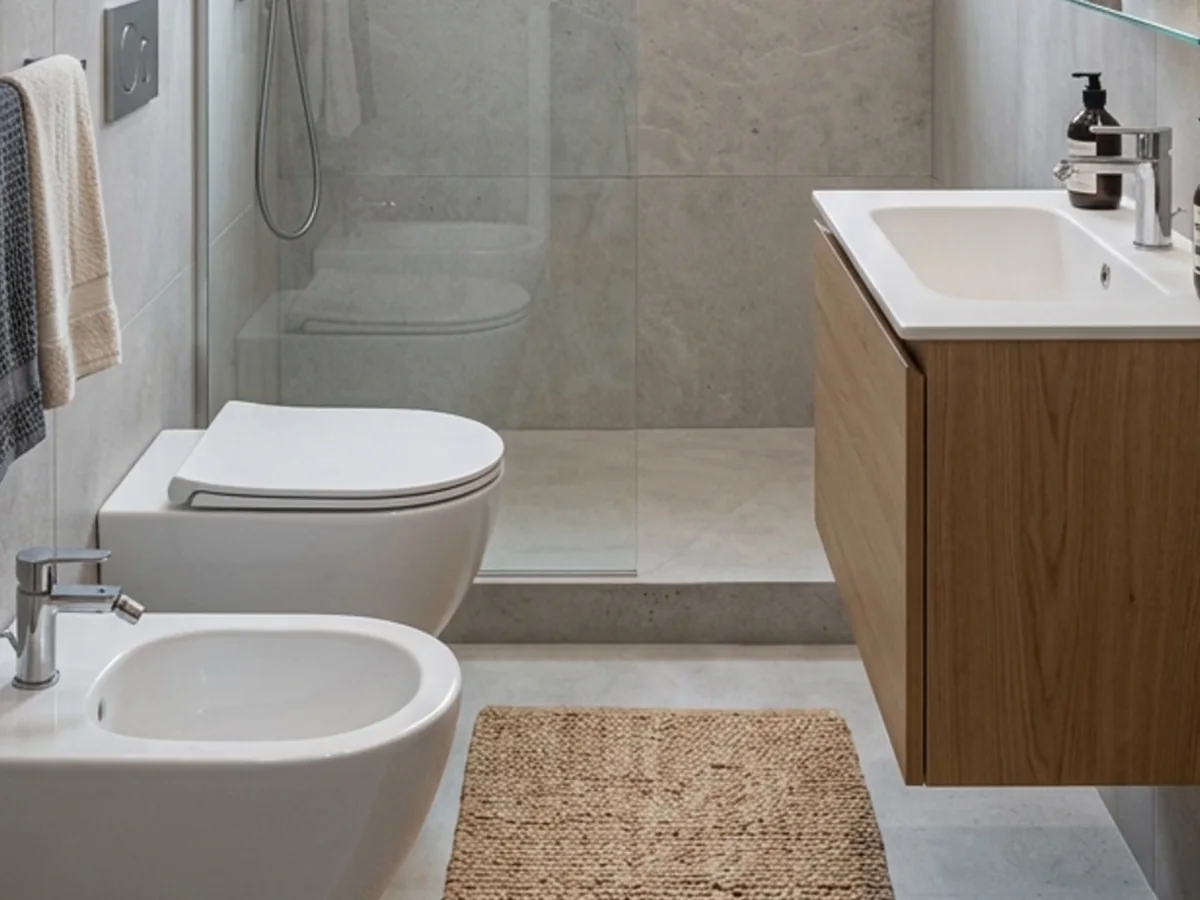 Lo stesso bagno dopo l'intervento, con doccia a filo pavimento e rivestimento continuo