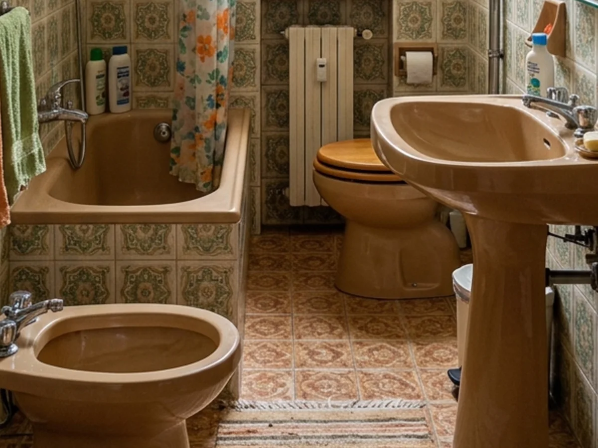 Bagno datato con cementine decorate e sanitari color pesca, prima dell'intervento